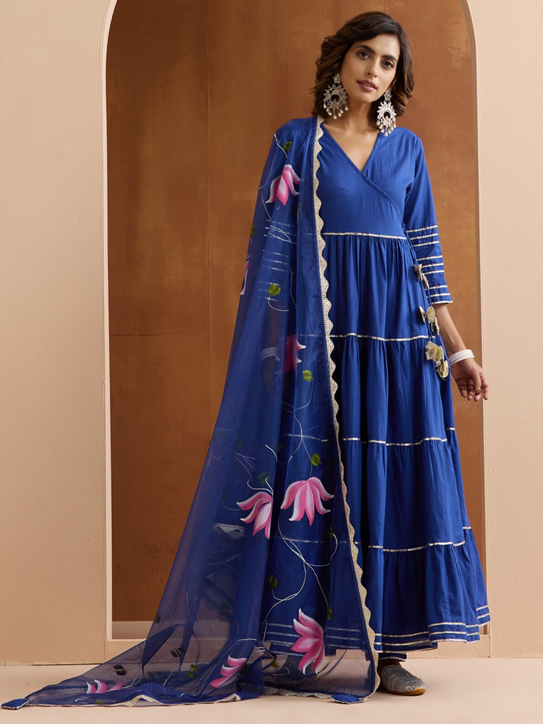 

Ishin Gotta Patti Pure Cotton Anarkali Kurta With Trousers & Dupatta, Navy blue