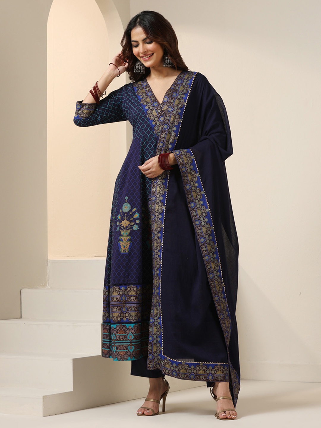 

Ishin Floral Printed V-Neck Gotta Patti Pure Cotton Anarkali Kurta With Trousers & Dupatta, Blue