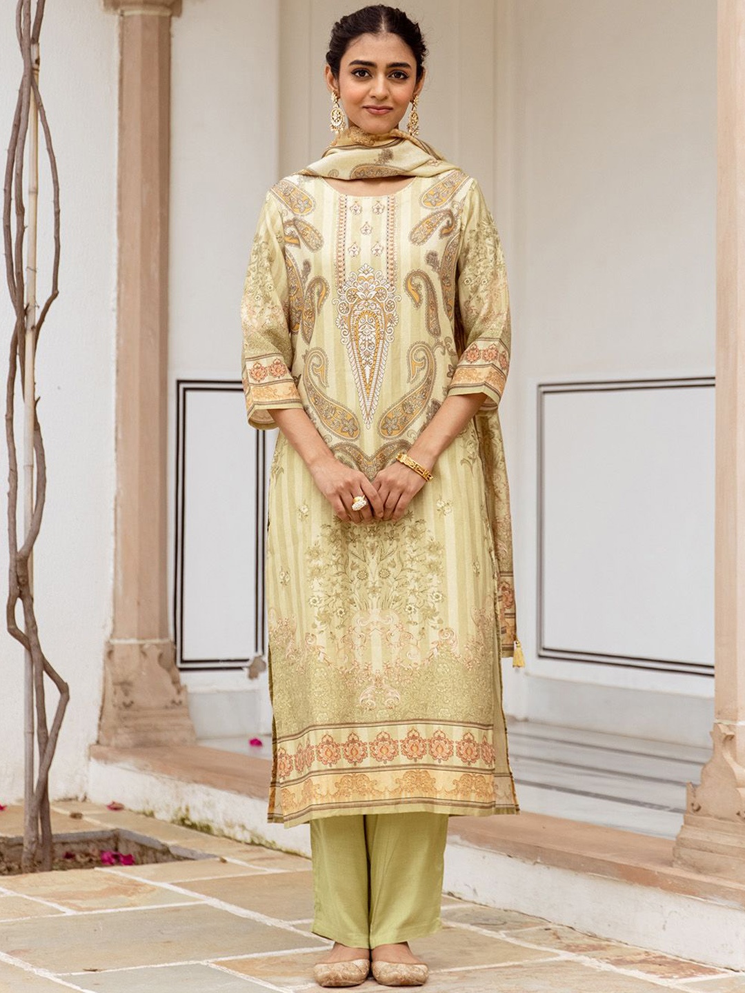 

Ishin Paisley Printed Pure Cotton Round Neck Straight Kurta with Trousers & Dupatta, Beige