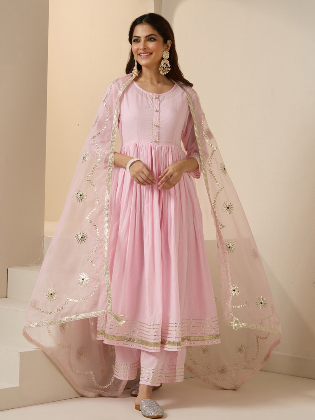 

Ishin Gotta Patti Pure Cotton Round Neck Anarkali Kurta With Palazzos And Dupatta, Pink