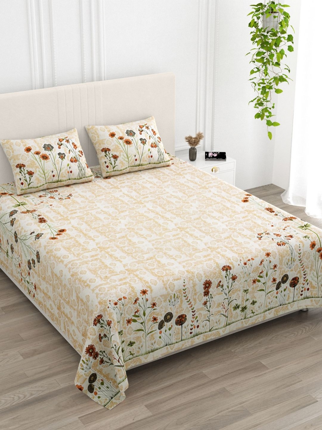 

Qfab Yellow & White Floral Printed Cotton 330 TC King Bedsheet Set 2.79 m x 2.79 m