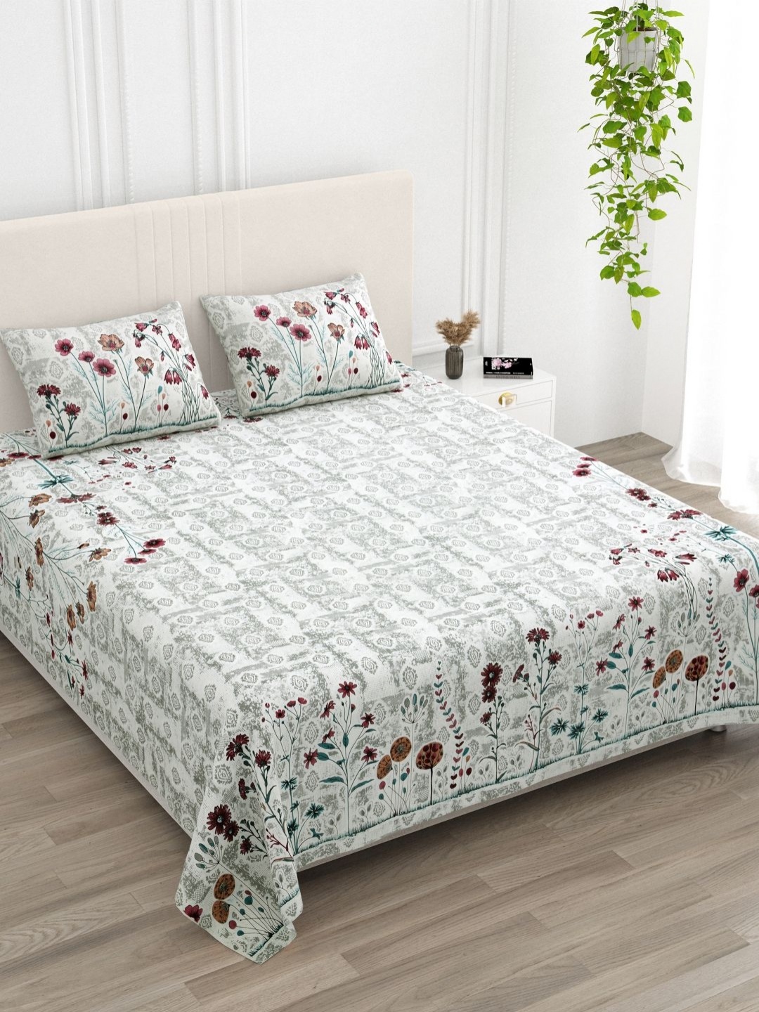 

Qfab Grey & White Floral Printed Cotton 330 TC King Bedsheet Set 2.79 m x 2.79 m