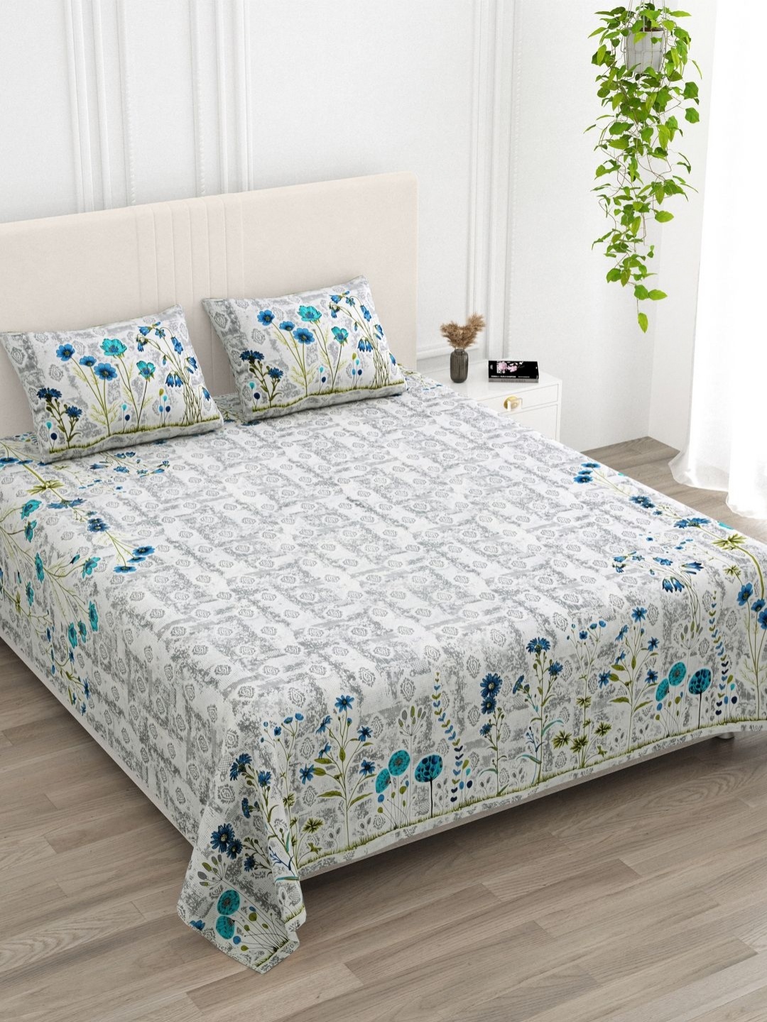 

Qfab Blue Floral Cotton 330 TC King Bedsheet Bedsheet with 2 Pillow Covers-2.79mx2.79m