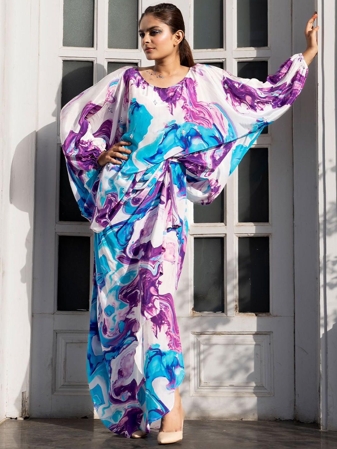 

EARTH O FAB Tie & Dye Printed Round Neck Kaftan Co-Ords, Purple