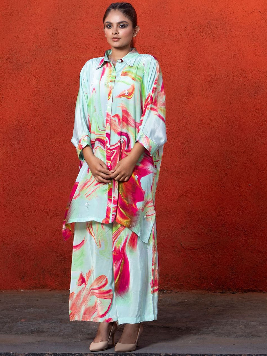 

EARTH O FAB Abstract Printed Shirt Collar Shirt & Palazzo Co-Ords, Green