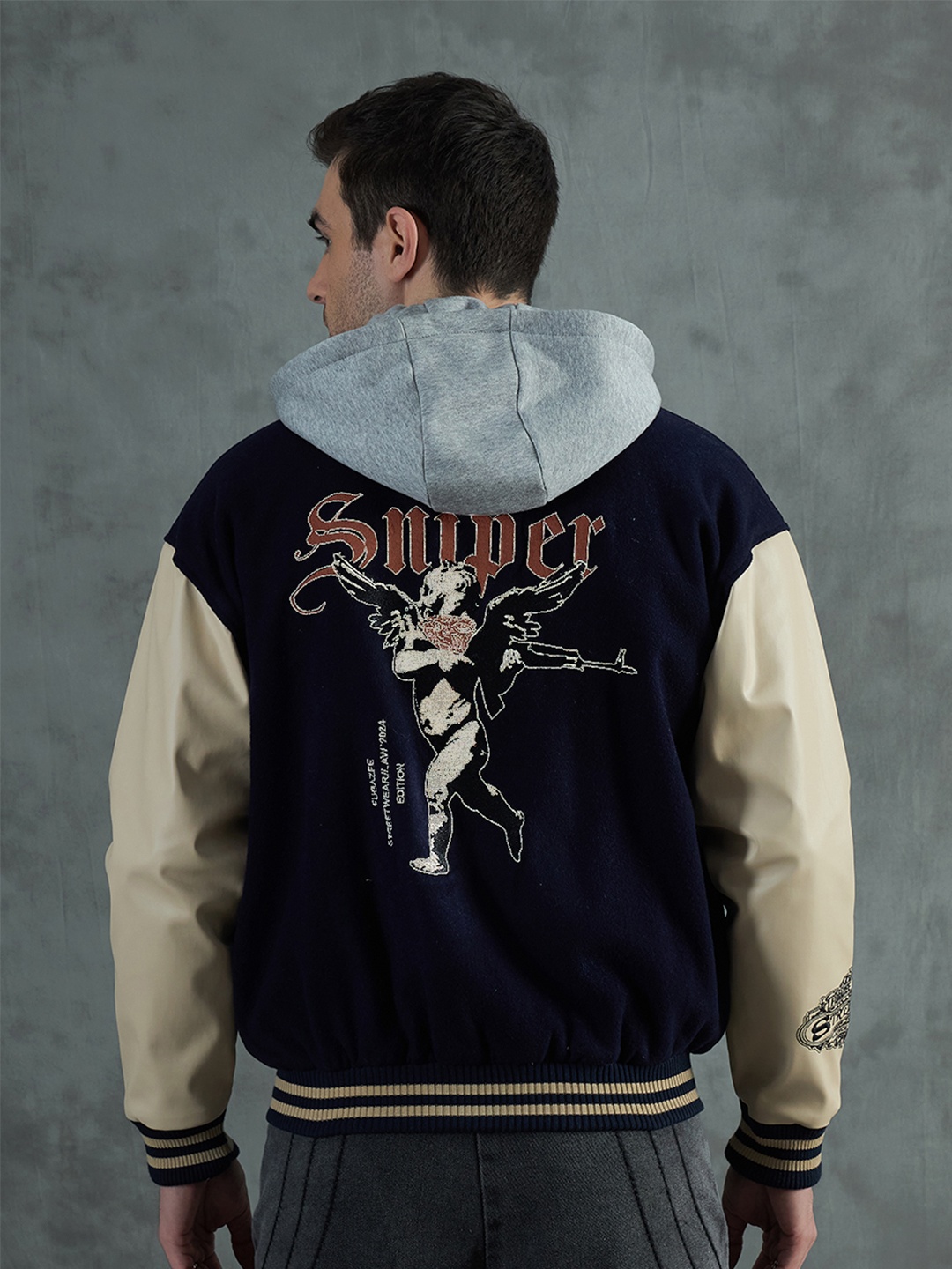 

FUGAZEE Men Hooded Graphic Printed Cotton Casual Bomber Jacket, Navy blue