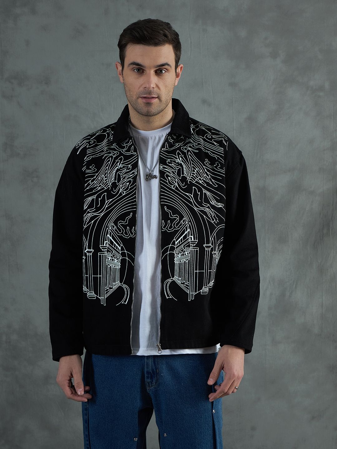 

FUGAZEE Men Spread Collar Graphic Printed Cotton Casual Tailored Jacket, Black
