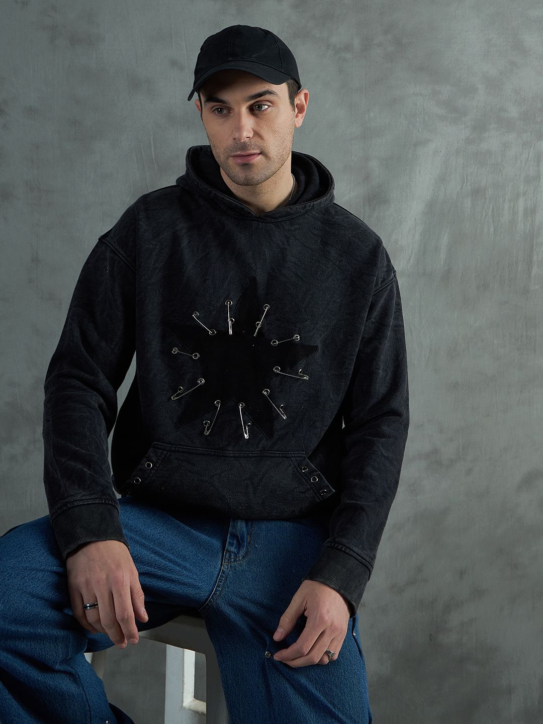 

FUGAZEE Men Cotton Self Design Hooded Sweatshirt, Grey