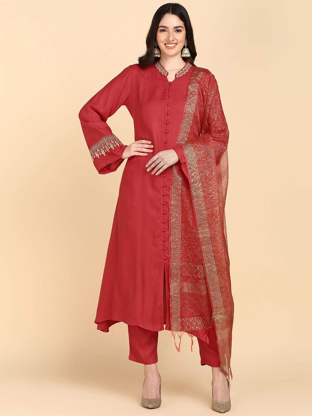 

HERE&NOW Zardosi Thread Work A-Line Mandarin Collar Kurta With Trouser And Dupatta, Red