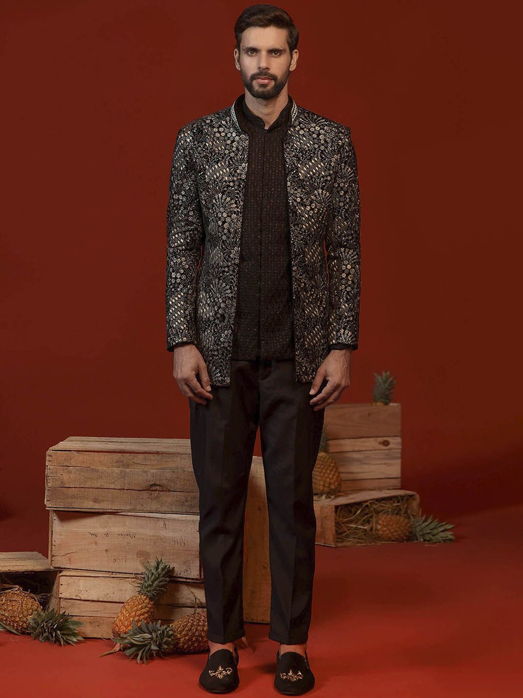 

KALPRAAG Printed Mandarin Collar Long Sleeve Open Front Blazer, Black