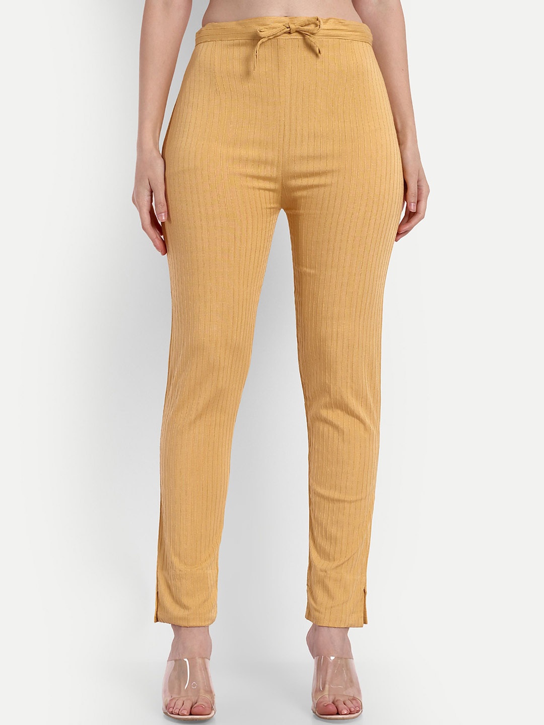 

Moda Rapido Women Striped Smart Slim Fit Pleated Culottes Trousers, Mustard