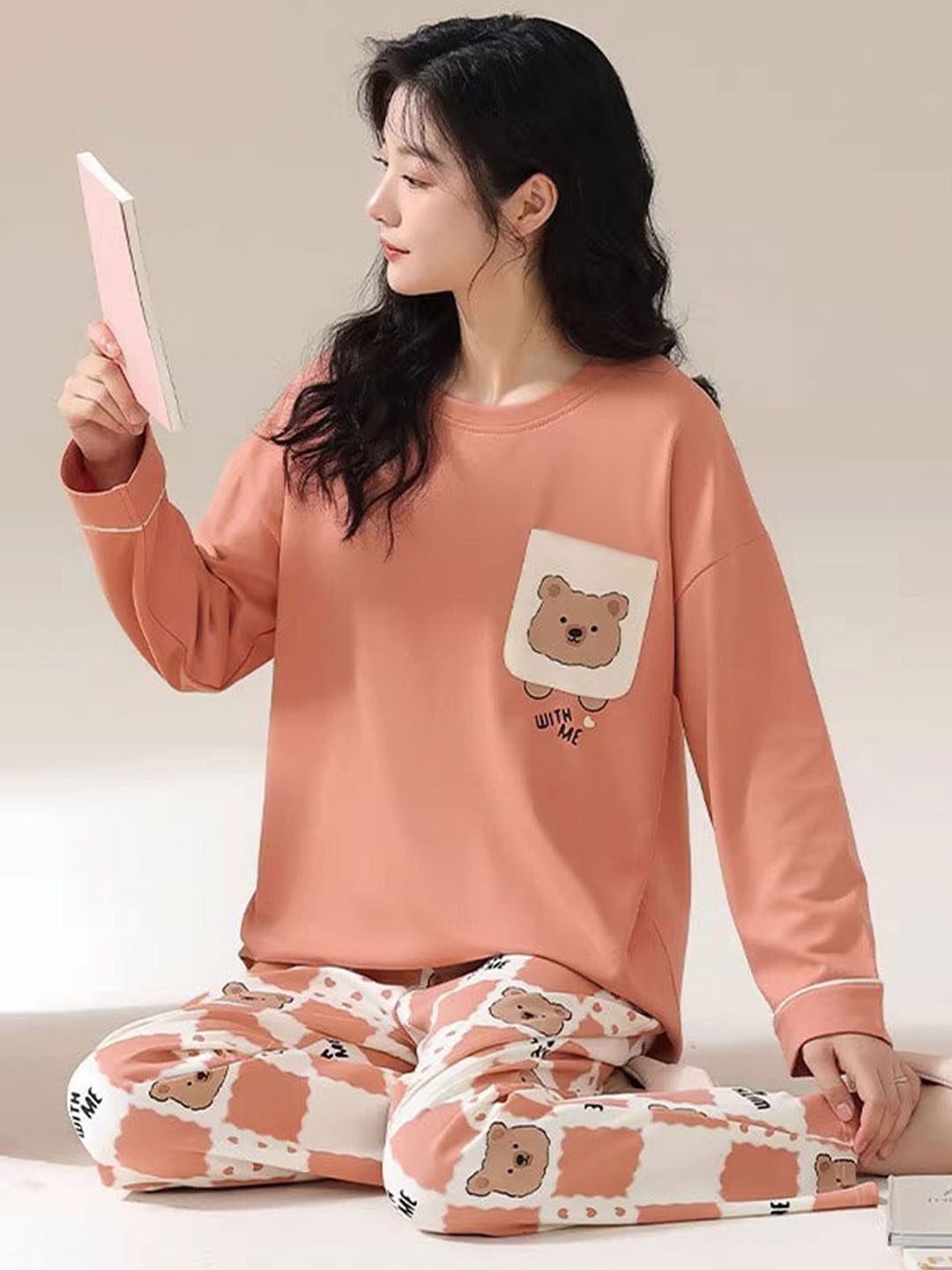 

LULU & SKY Women Printed Round Neck Night Suit, Orange