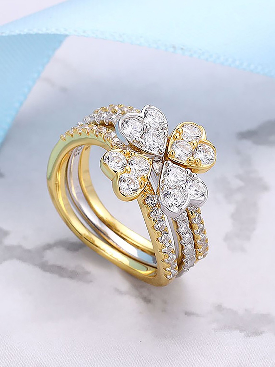 

SILMORA Set of 3 Platinum-Plated Cubic Zirconia Studded Silver Finger Ring, Gold