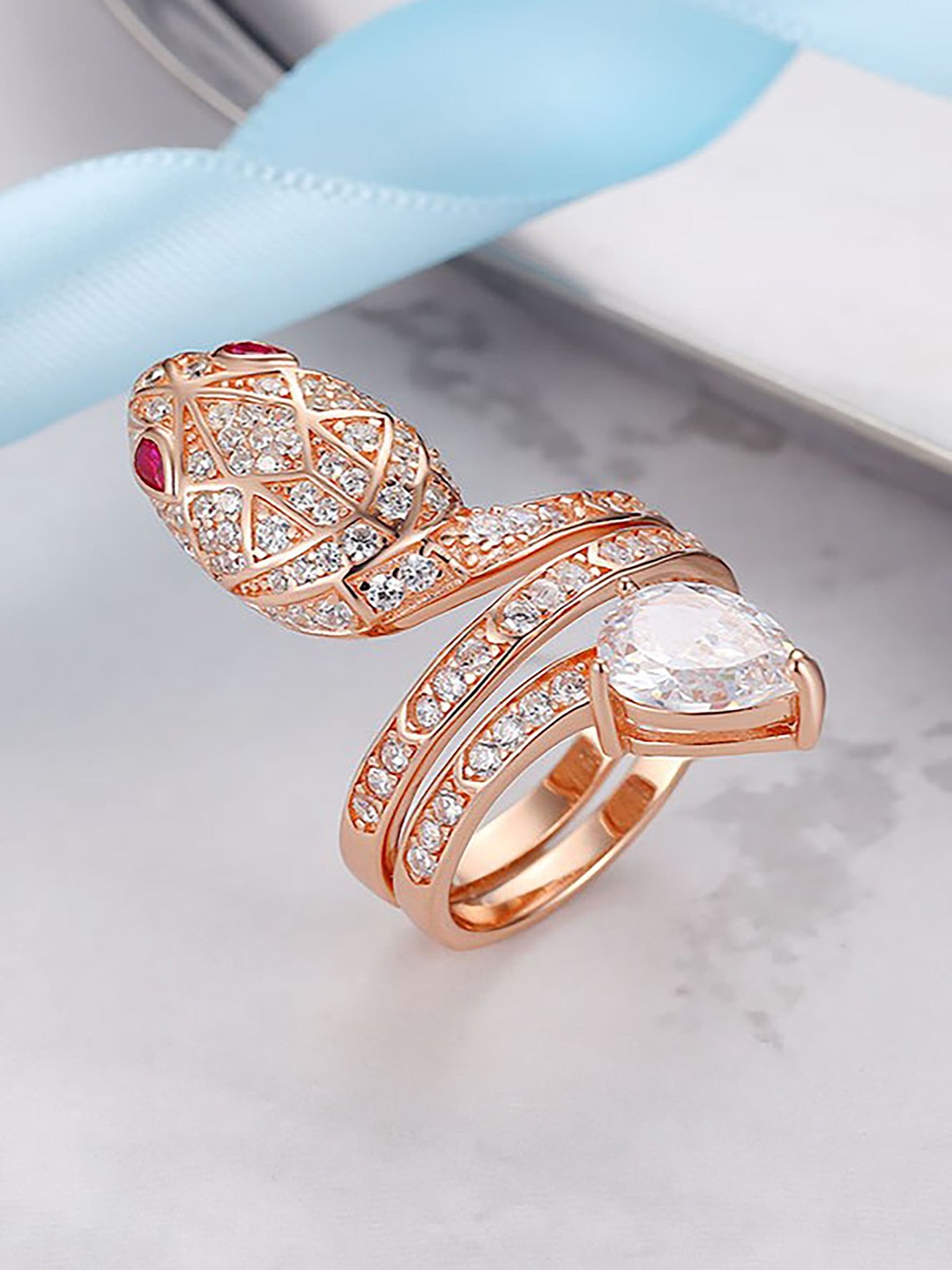 

SILMORA Rose Gold-Plated Cubic Zirconia Studded Silver Finger Ring