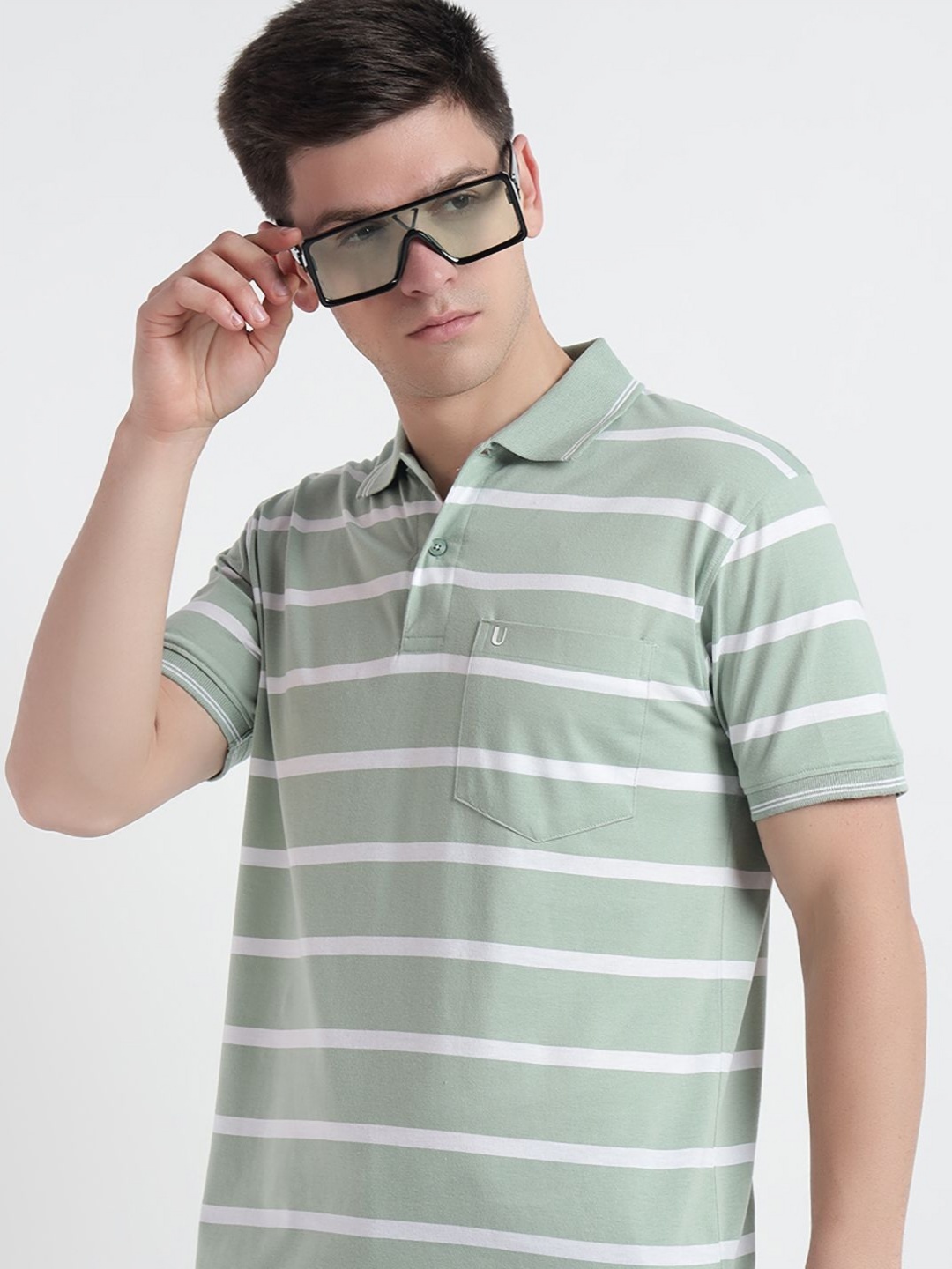 

UNIBERRY Men Striped Polo Collar T-shirt, Green