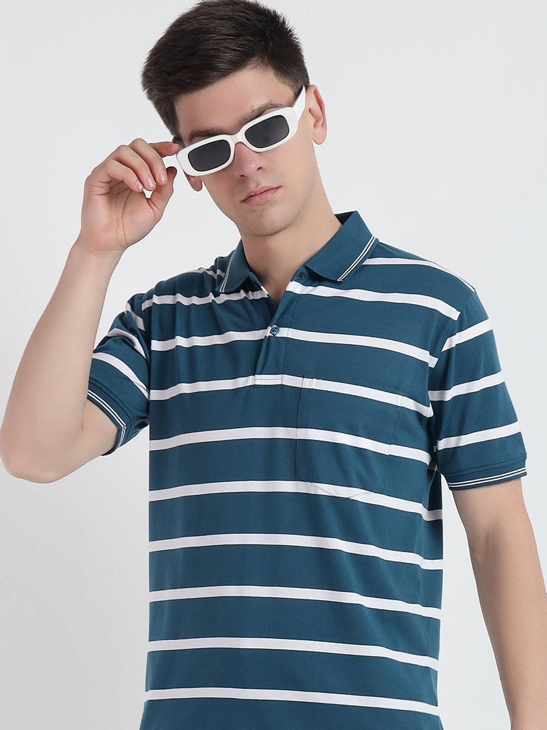 

UNIBERRY Men Striped Polo Collar Cotton T-shirt, Teal