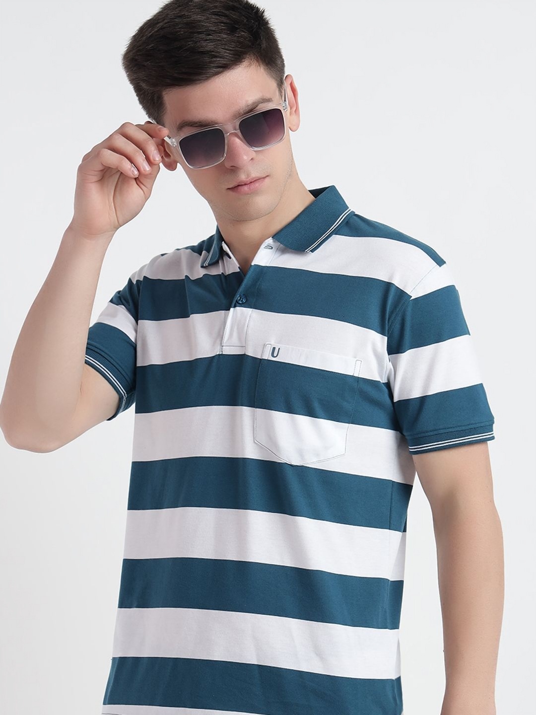 

UNIBERRY Men Striped Polo Collar Cotton T-shirt, Teal