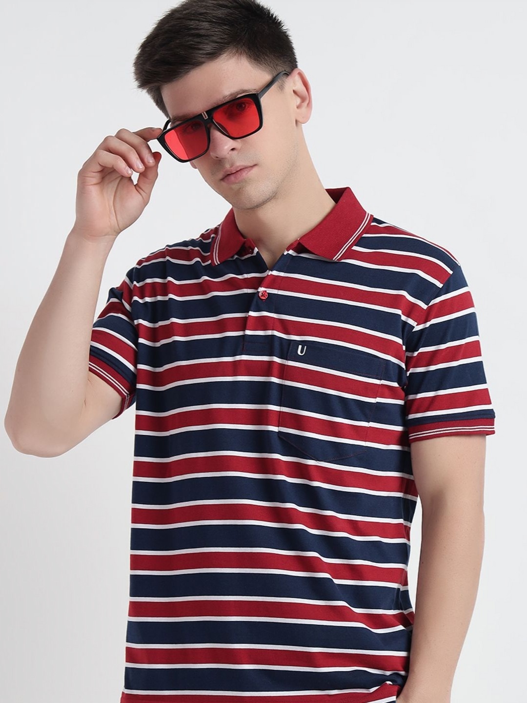 

UNIBERRY Men Striped Polo Collar Cotton T-shirt, Navy blue