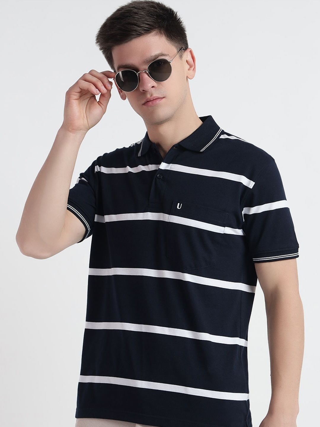 

UNIBERRY Men Striped Polo Collar Cotton T-shirt, Navy blue