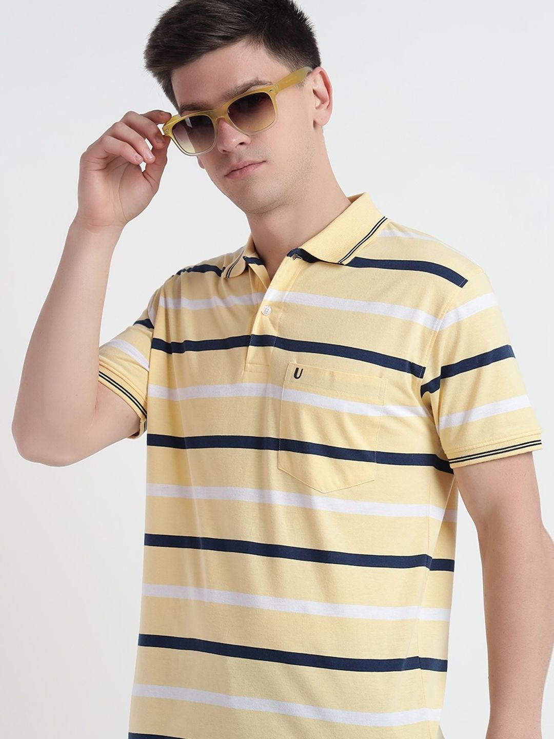 

UNIBERRY Men Striped Polo Collar Cotton T-shirt, Yellow