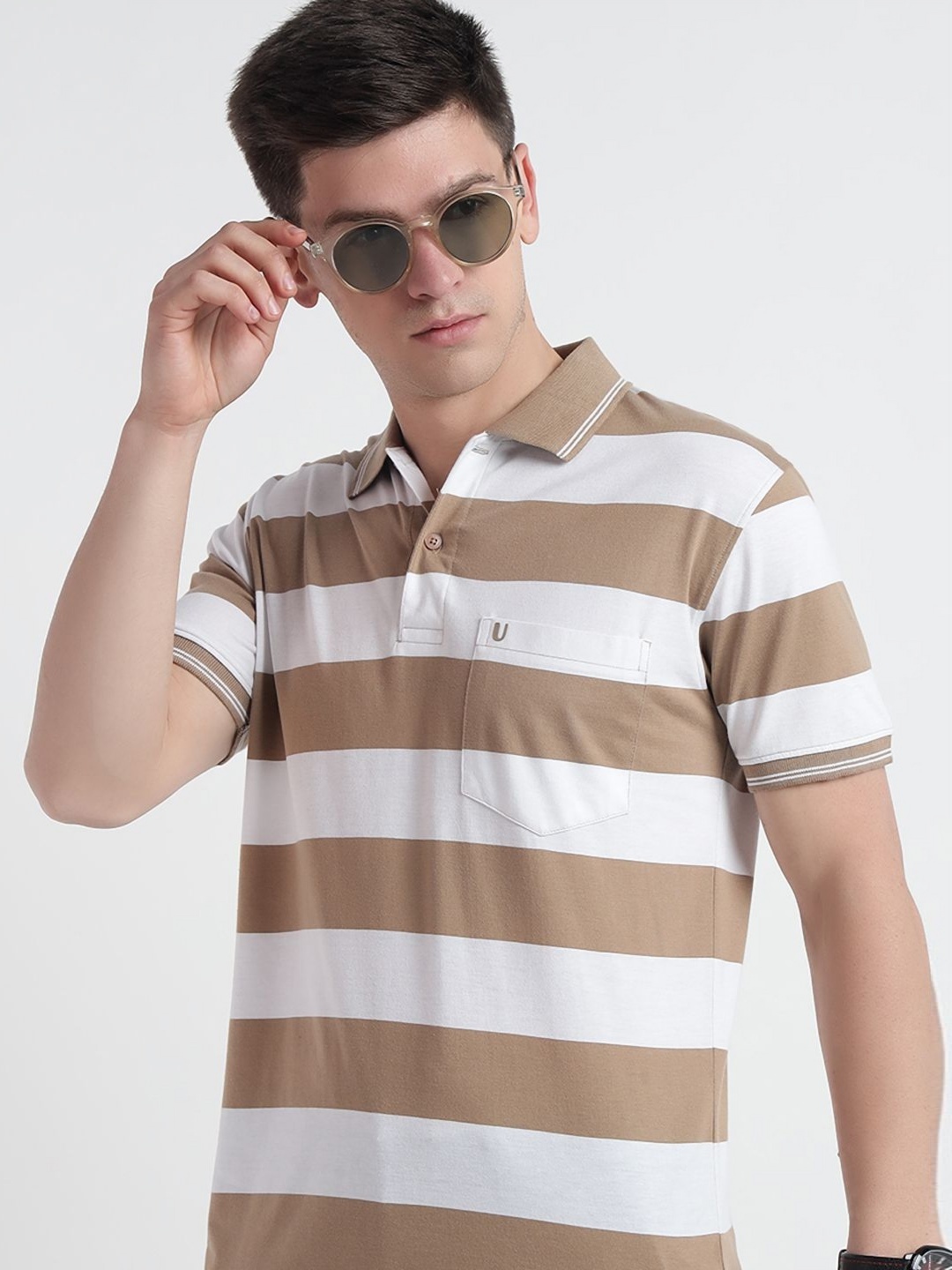 

UNIBERRY Men Striped Polo Collar Cotton T-shirt, Beige