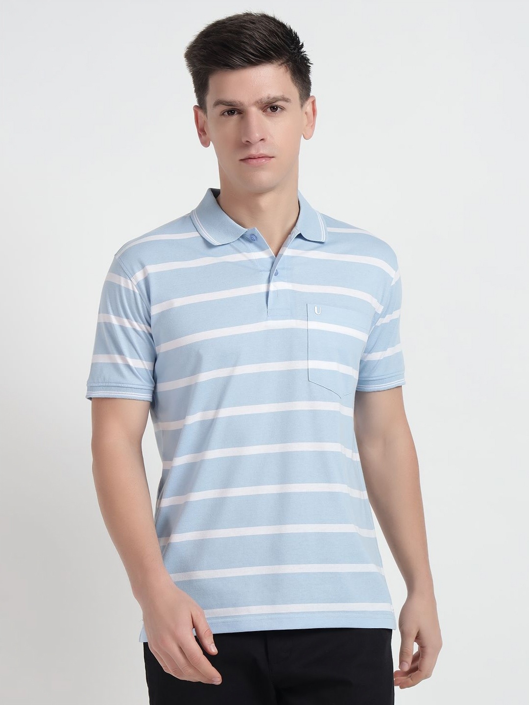 

UNIBERRY Men Striped Polo Collar T-shirt, Turquoise blue