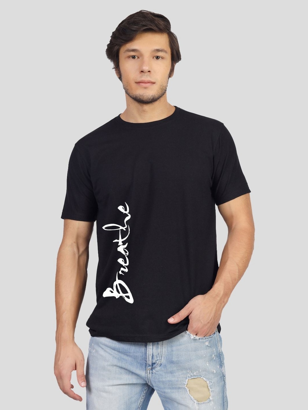 Greylongg Men Typography Printed Round Neck Cotton T-shirt, Black