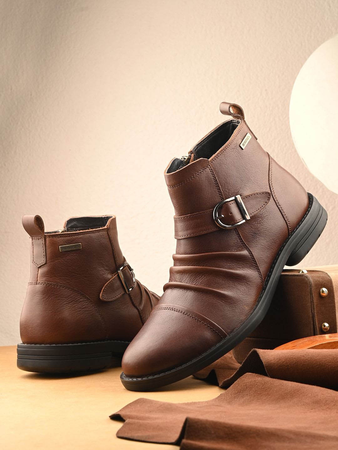 

MONDAIN Men Leather Flatforms Shoes, Brown