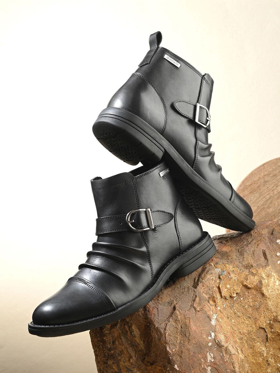 

MONDAIN Men Leather Block Heel Boots, Black