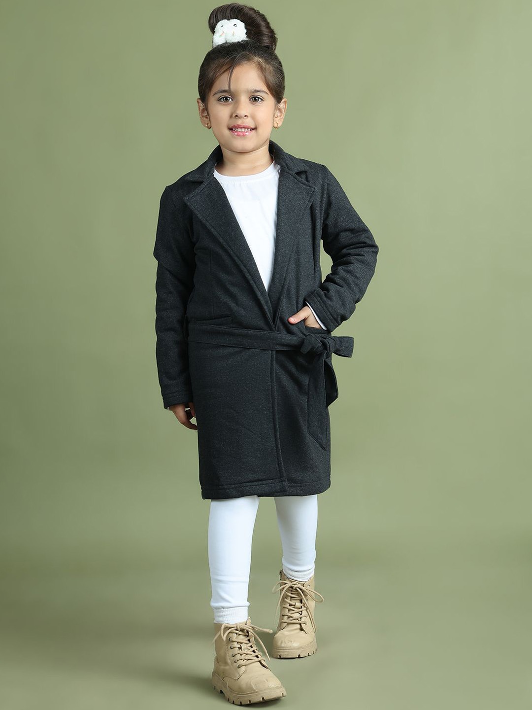 

Mini & Ming Girls Long Sleeve Knee-Length Wrap Coat With Tie-Up Belt, Grey