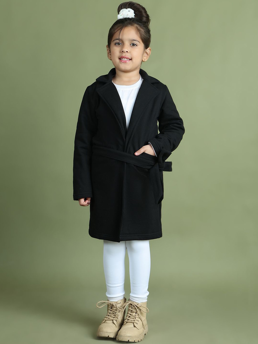 

Mini & Ming Girls Notched Lapel Wrap Coat, Black