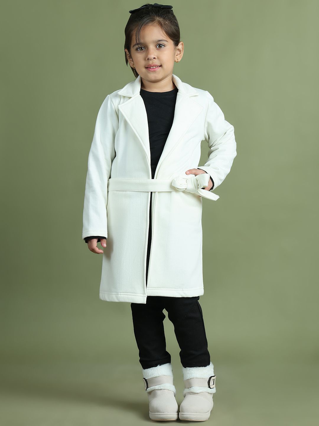 

Mini & Ming Girls Knee-Length Wrap Coat Coat With Tie-Up Belt, Cream