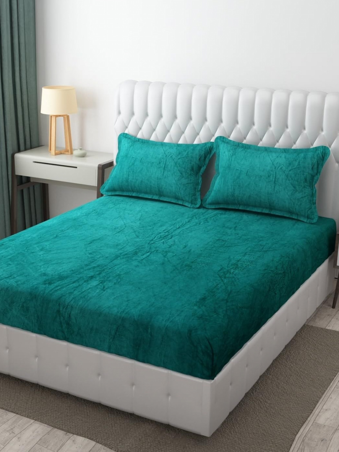 

JAIPUR FABRIC Teal Woolen 400 TC King Bedsheet with 2 Pillow Covers-2.74 m X 2.74 m