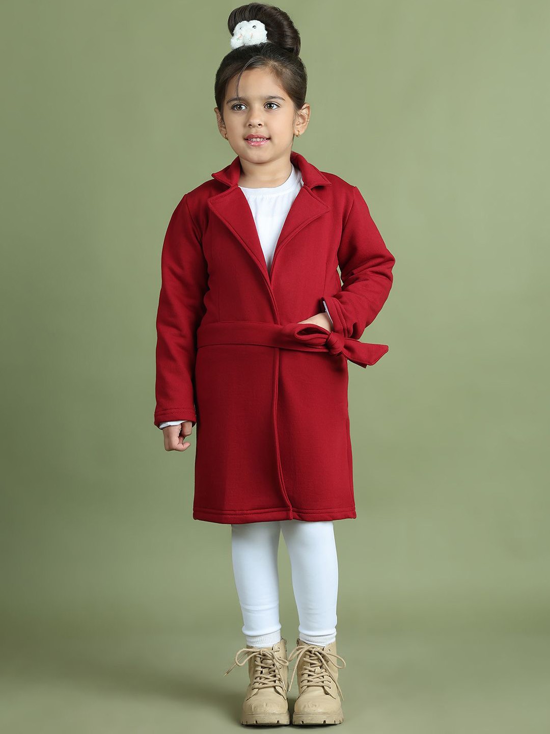 

Mini & Ming Girls Pure Cotton Knee-Length Wrap Coat With Tie-Up Belt, Maroon