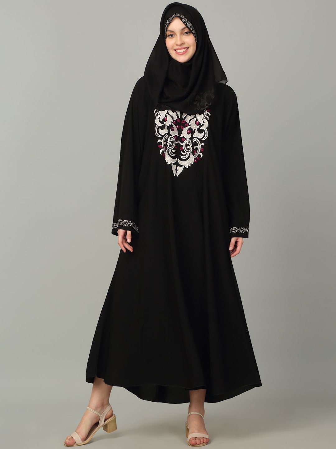 

KLOTTHE Women Embroidered Burqa With scarf, Black