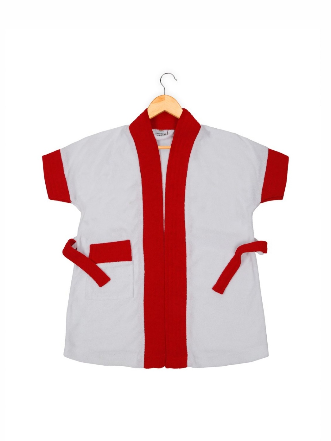 

Creeva Kids White and Red Pure Cotton Bath Robe With Front Pocket