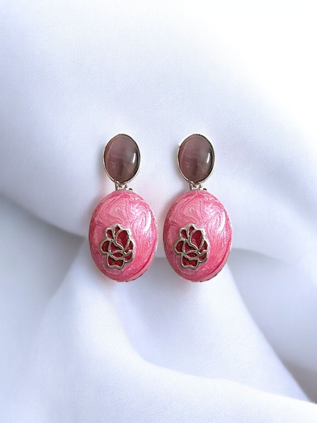 

AccessHer Silver-Plated Artificial Stones Studded Oval Shaped Drop Earrings, Pink