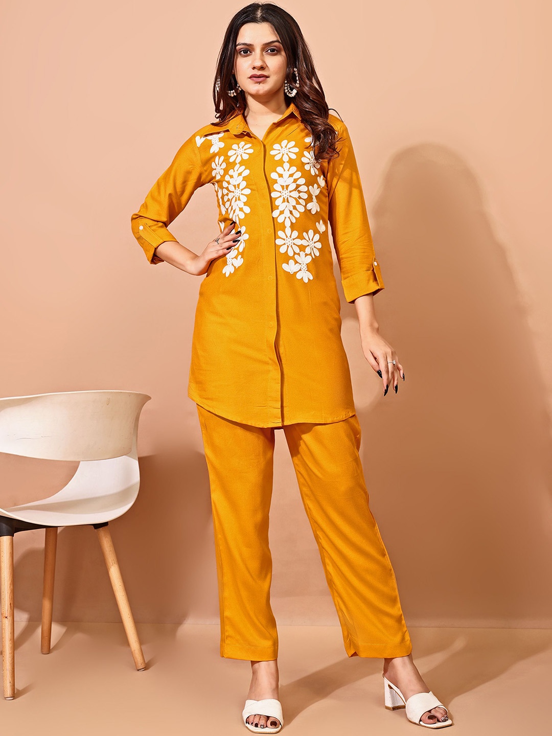 

Sashay Boutique Floral Embroidered Shirt Collar Three-Quarter Sleeves Shirt with Trouser, Yellow