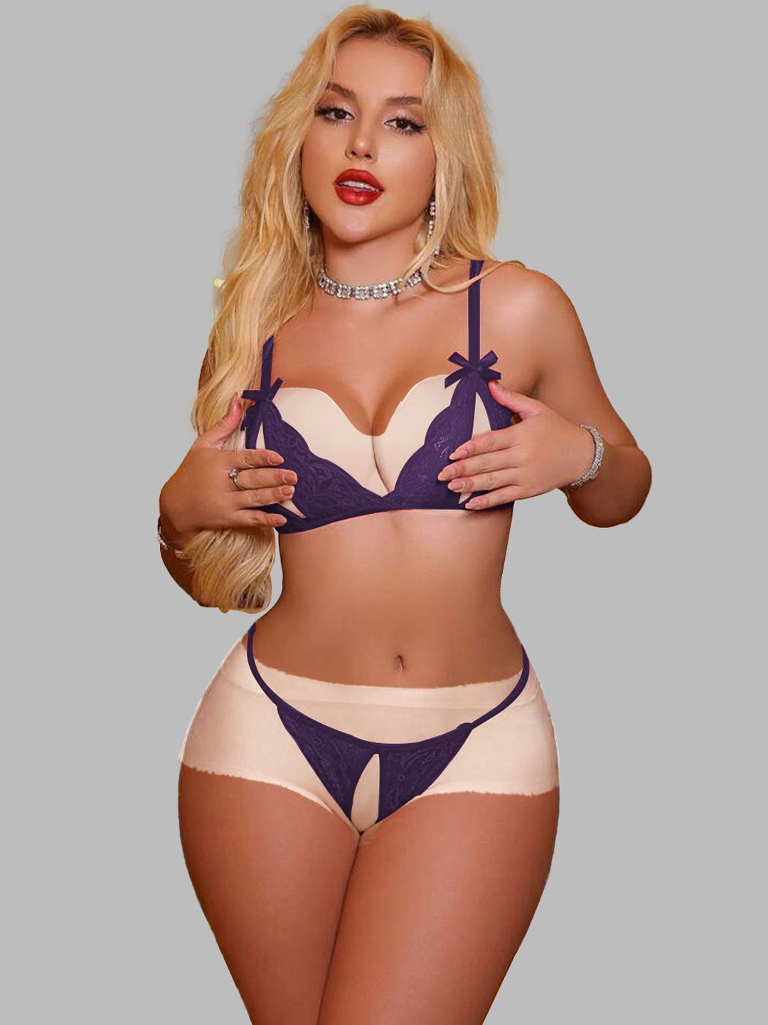 

VAGHBHATT Women Self Design Lace Lingerie Set, Purple