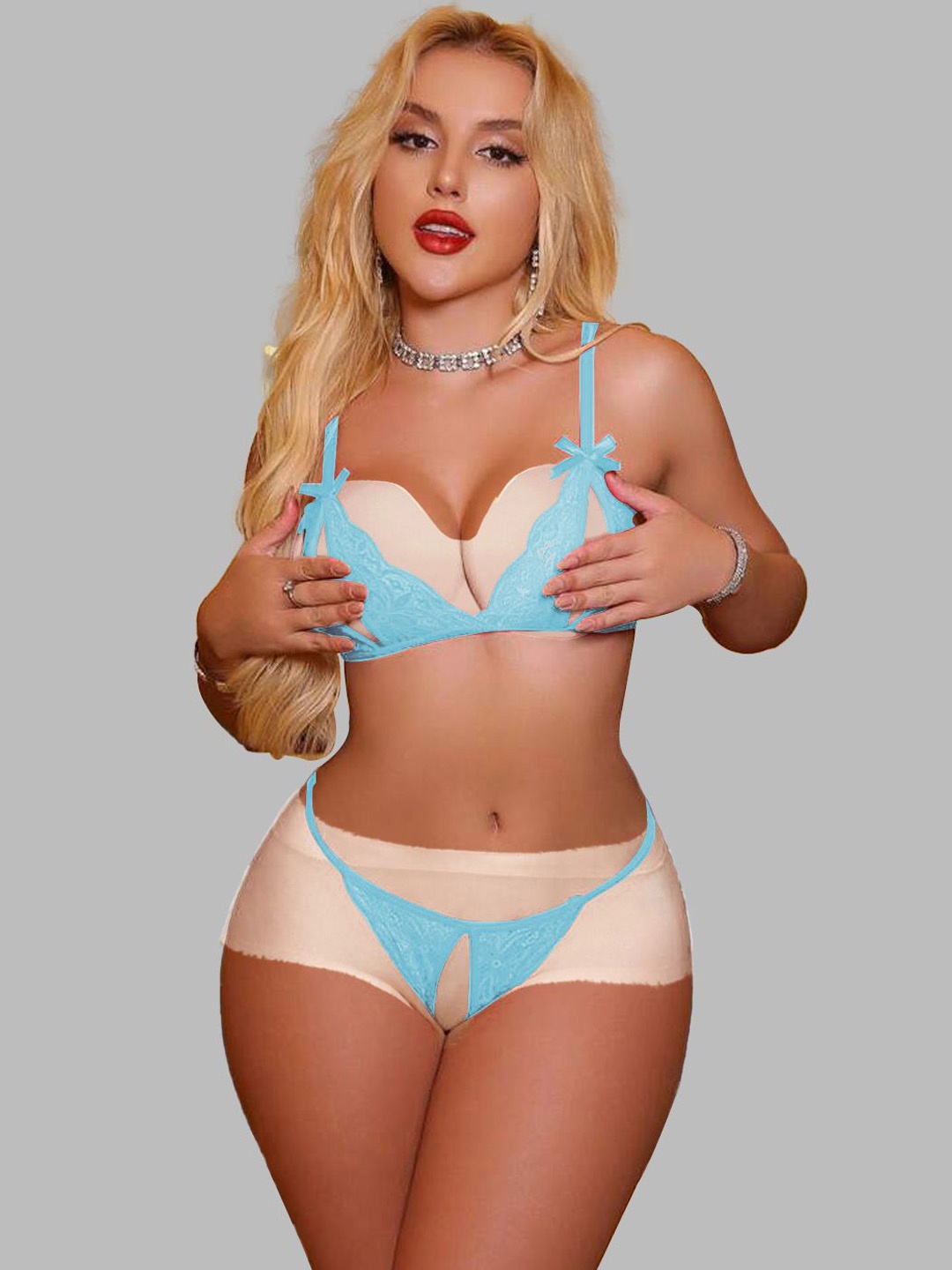 

VAGHBHATT Self Design Lace V Neck Lingerie Set DES-11-SKY-N4, Blue