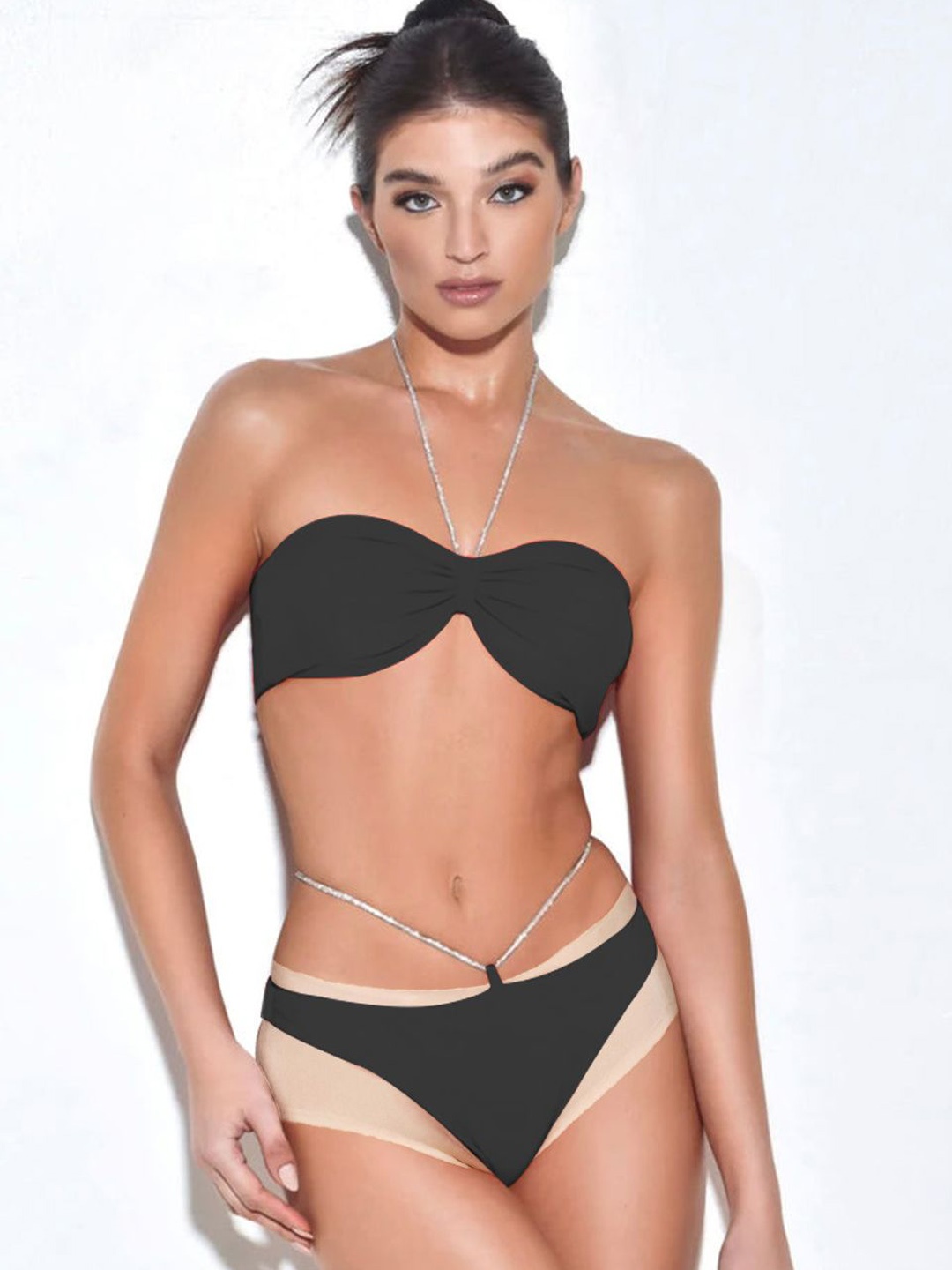 

Krelin Women Crystal String Halter-Neck Top & Brief Swim Bikini Set, Black