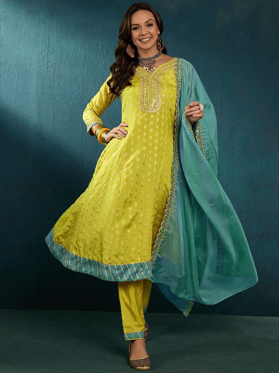 

Kvsfab Floral Woven Design Sequinned Kurta With Trousers And Dupatta, Mustard