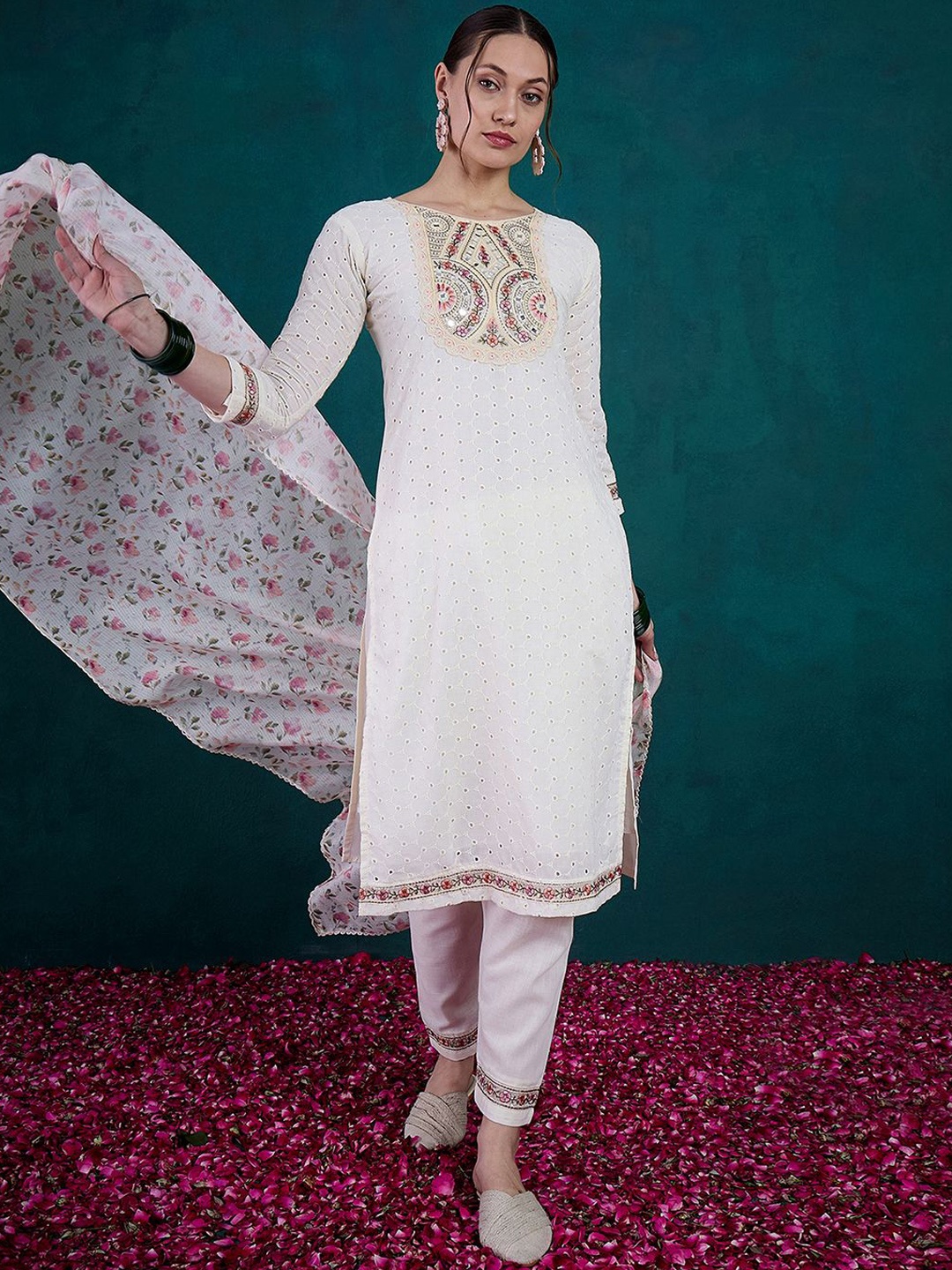 

Kvsfab Self Design Floral Thread Work Pure Cotton Kurta With Trousers And Dupatta, Off white