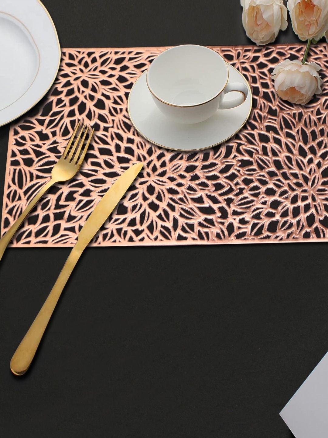 

LooMantha Copper-Toned 2 Pieces Floral Cutwork Rectangle Table Placemats
