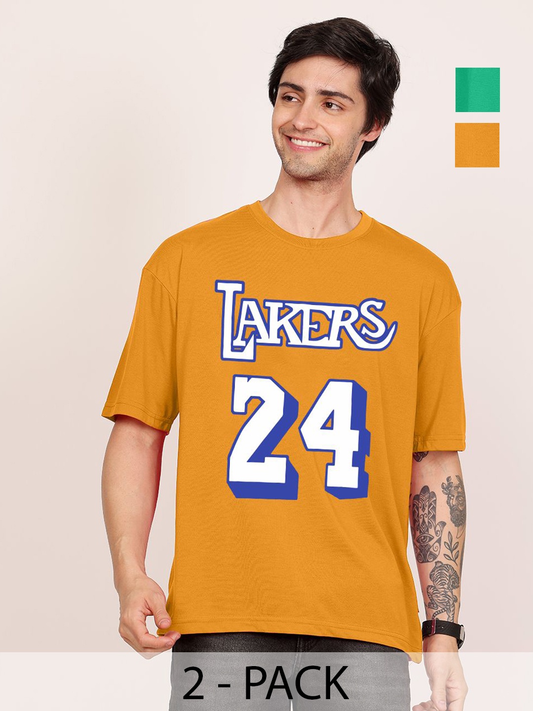 

Leotude Men Pack Of 2 Typography Printed Round Neck Cotton Oversized T-shirts, Yellow