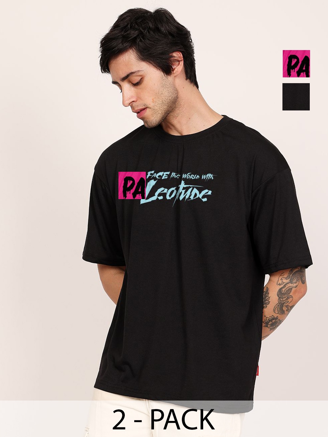 

Leotude Men Pack Of 2 Typography Printed Round Neck Cotton Oversized T-shirts, Black