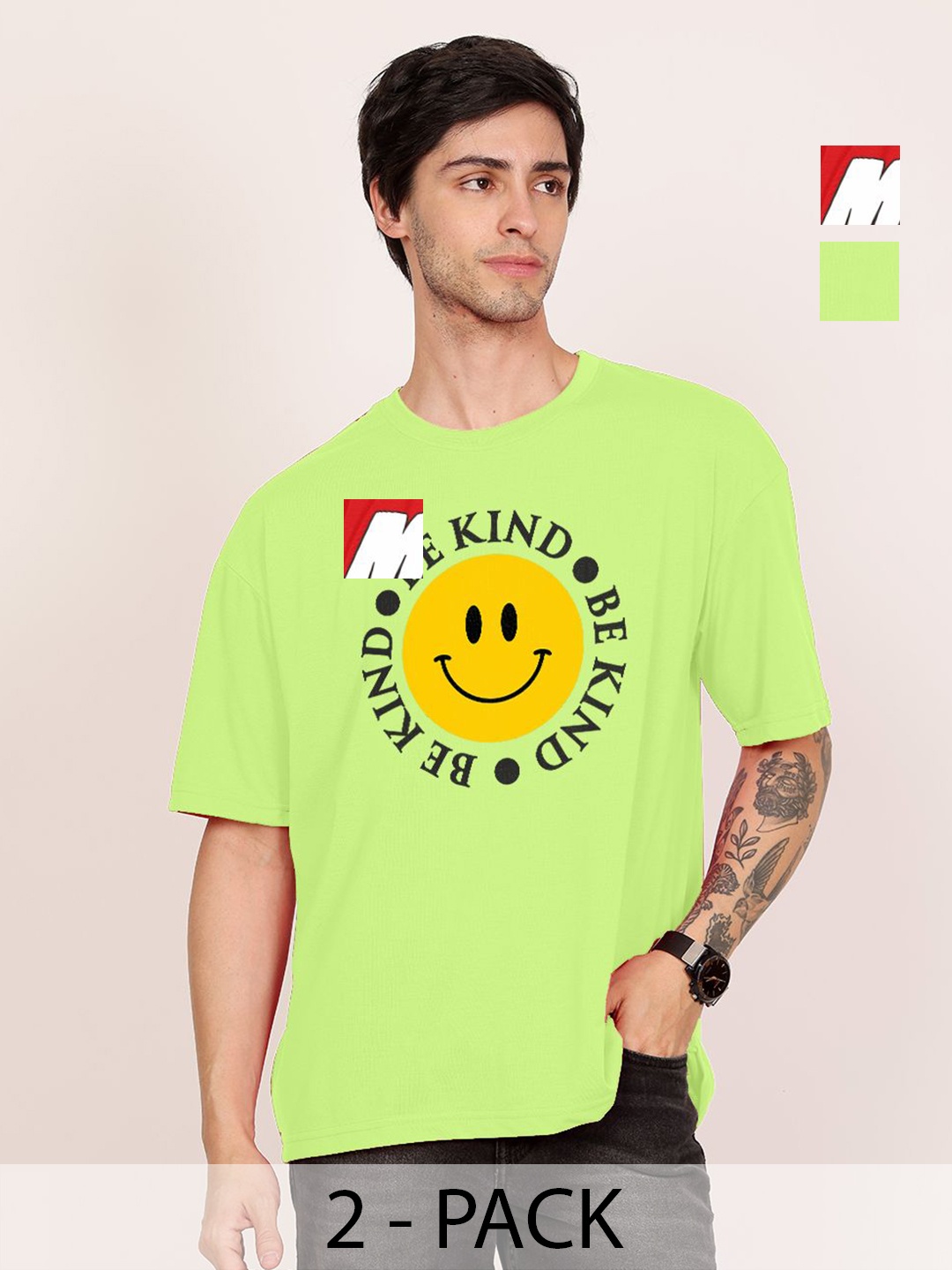 

Leotude Men Pack Of 2 Typography Printed Round Neck Cotton Oversized T-shirts, Green