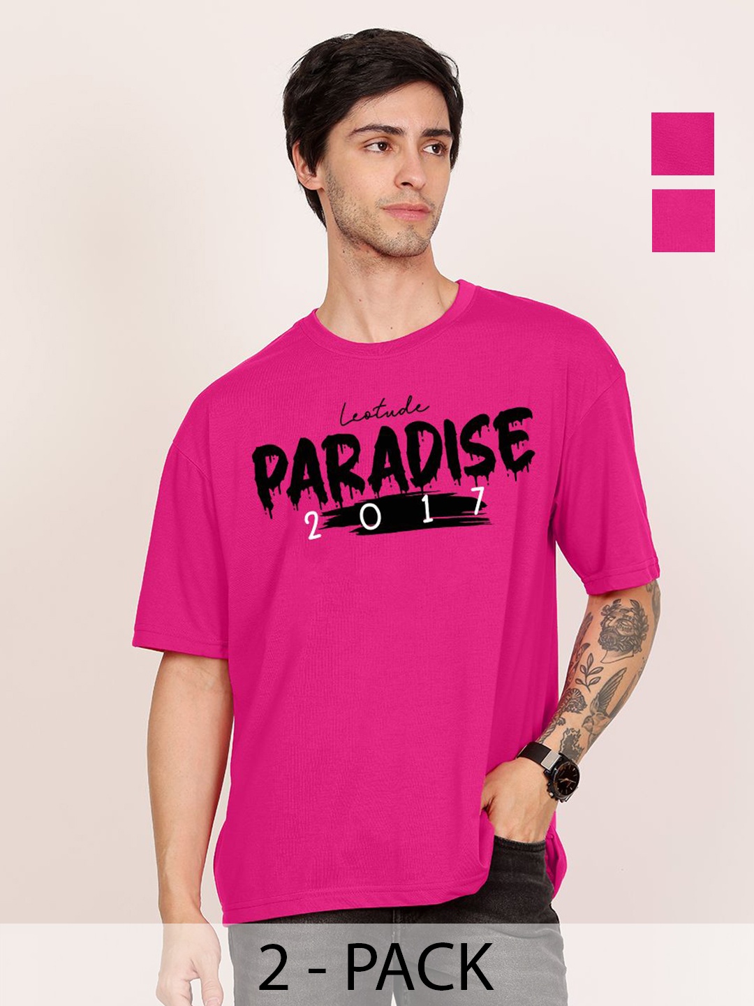 

Leotude Men Pack Of 2 Typography Printed Round Neck Cotton Oversized T-shirts, Pink