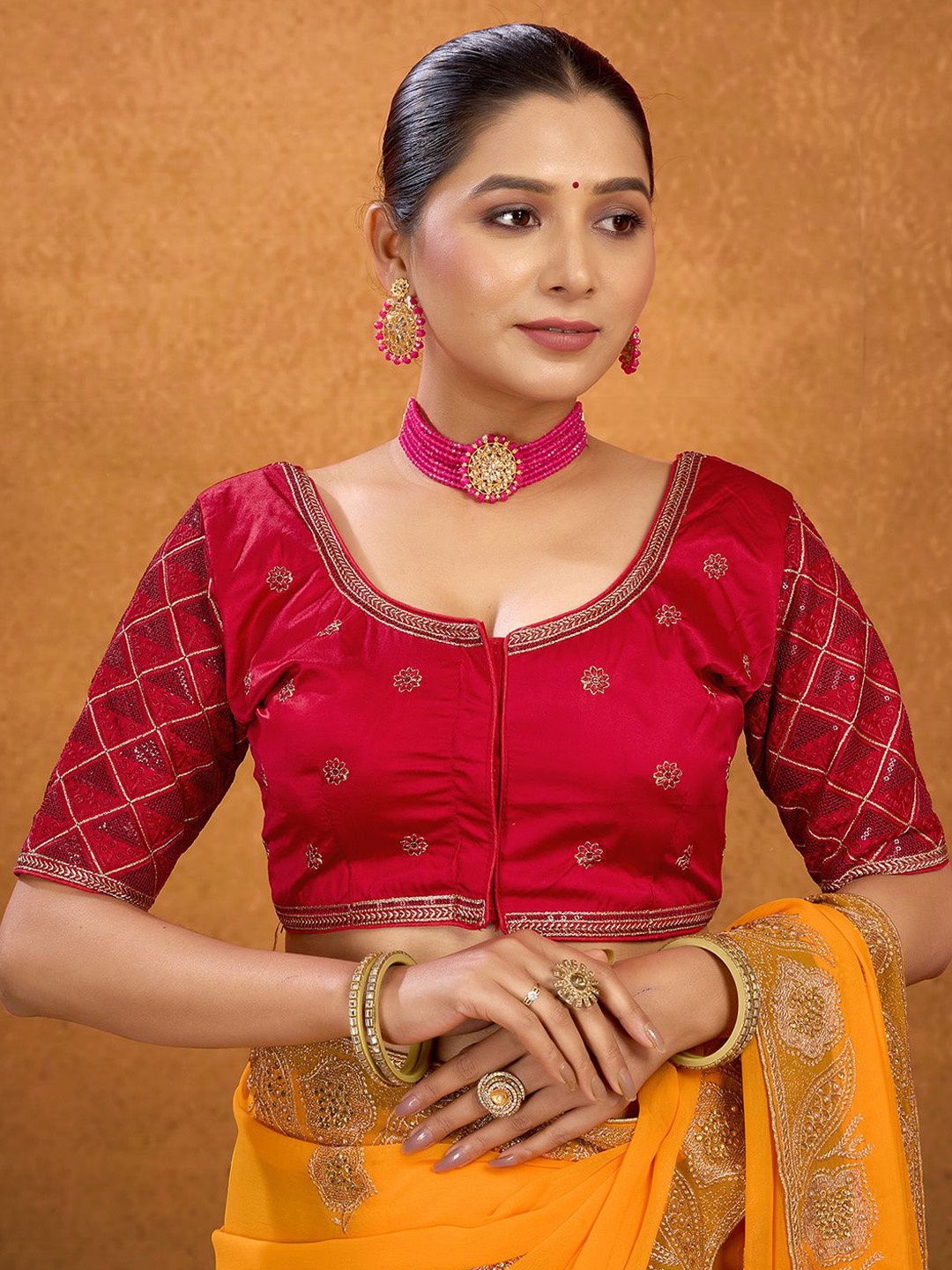 

KALINI Embroidered Padded Saree Blouse, Red