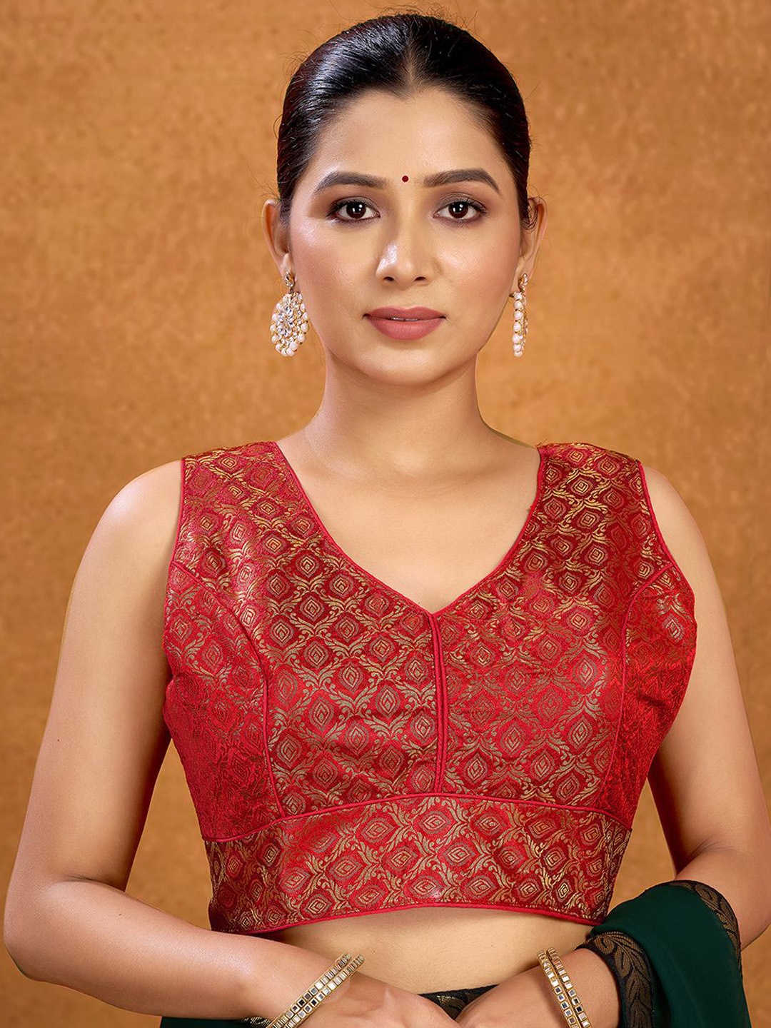KALINI Woven Design Padded Saree Blouse, Red